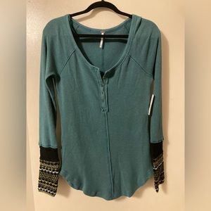 NWT Free People Alpine Cuff Thermal Waffle Henley Large Blue Green